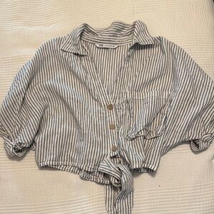 Zara Blue and White Button Down Shirt with Tie-Front
